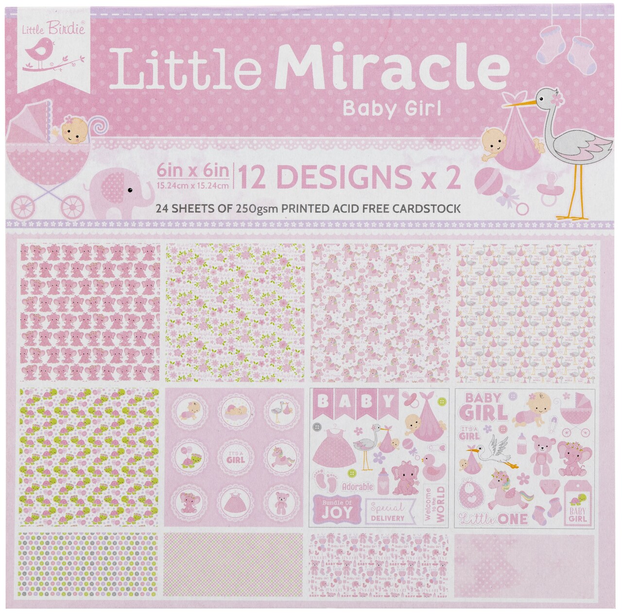 Little Birdie Little Miracle Cardstock Pack 6"X6" 24/Pkg-Baby Girl